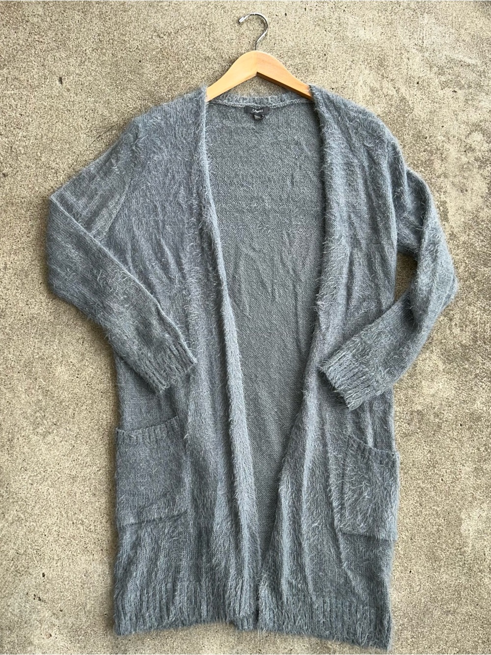&merci Small Gray Fuzzy Eyelash Knit Longline Open Front Cardigan Sweater Soft